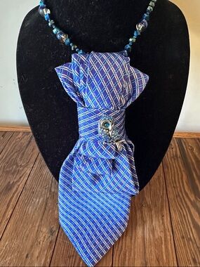 Blue Plaid  Silk Statement Necktie Necklace with Owl Brooch